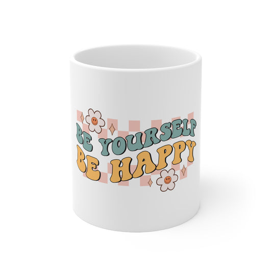 "Be Happy" Checkered Ceramic Mug